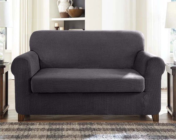 High Stretch Jacquard Loveseat Slipcover (Dark Grey, One Seat Cushion)