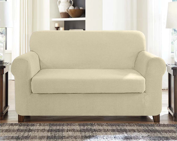 High Stretch Jacquard Loveseat Slipcover (Ivory, One Seat Cushion)