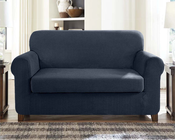 High Stretch Jacquard Loveseat Slipcover (Navy, One Seat Cushion)