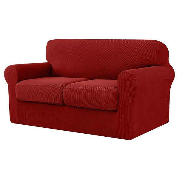 High Stretch Jacquard Loveseat Slipcover (Wine, Two Seat Cushions)