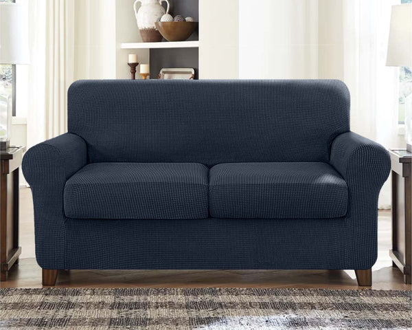 High Stretch Jacquard Loveseat Slipcover (Navy, Two Seat Cushions)