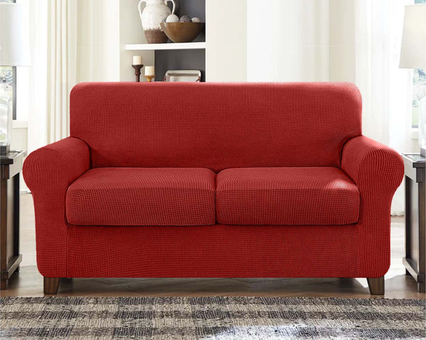 High Stretch Jacquard Loveseat Slipcover (Wine, Two Seat Cushions)