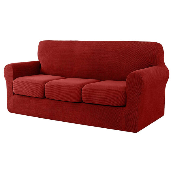 High Stretch Jacquard Sofa Slipcover (Wine, Three Seat Cushions)