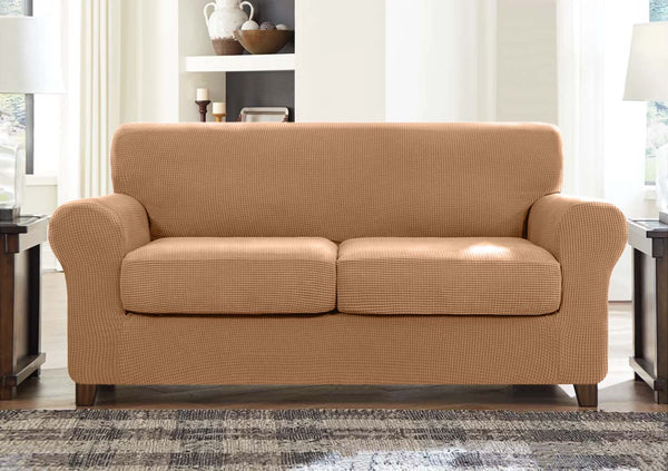 High Stretch Jacquard Sofa Slipcover (Camel, Two Seat Cushions)