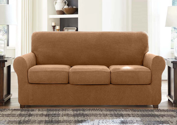 High Stretch Jacquard Sofa Slipcover (Camel, Three Seat Cushions)