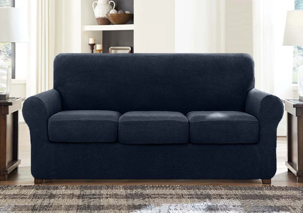 High Stretch Jacquard Sofa Slipcover (Navy, Three Seat Cushions)