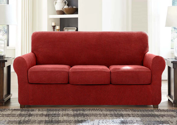 High Stretch Jacquard Sofa Slipcover (Wine, Three Seat Cushions)